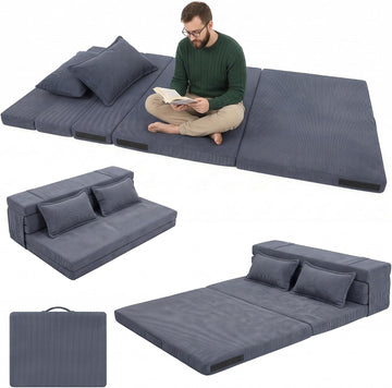 Tri-Fold Futon Mattress, Foldable Japanese Floor Sleep Mattress, High-Density Foam Tatami Bed Mat with Corduroy