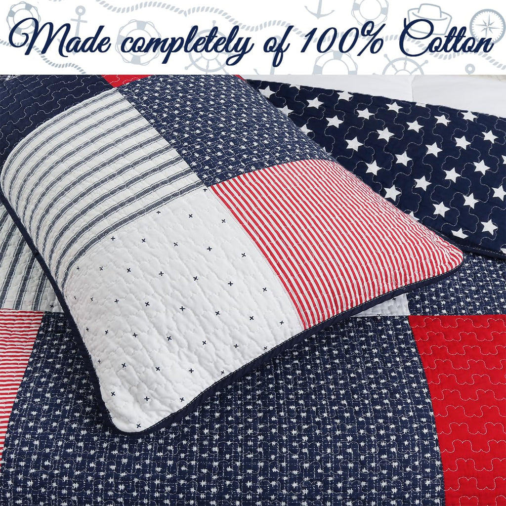 100% Cotton Sailor Navy Blue Star Striped Print Cotton Reversible Bedding Quilt Set (Patriotic Patchwork)