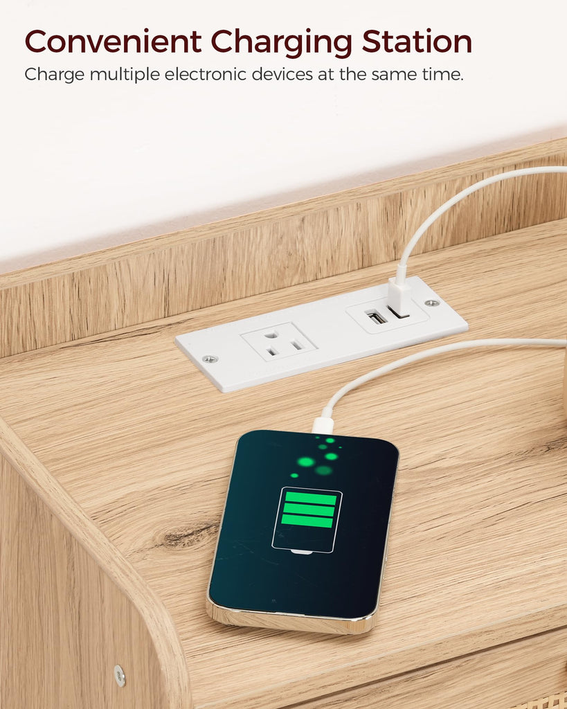Nightstand with Charging Station, Side Table with Rattan-Style Drawer and Storage Shelf, Modern Rattan Night Stand