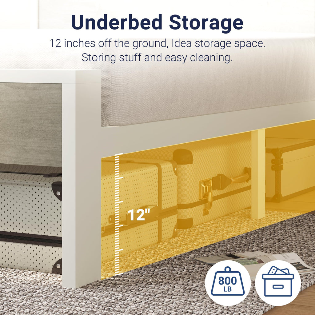 King Size Bed Frame, Heavy Duty 12 Metal Slats Support, White