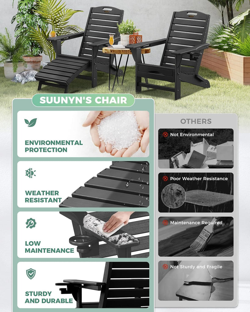 Folding Adirondack Chair with Retractable Ottoman Weather Resistant Fire Pit Chair Patio Chair with 2 Cup Holder Lawn