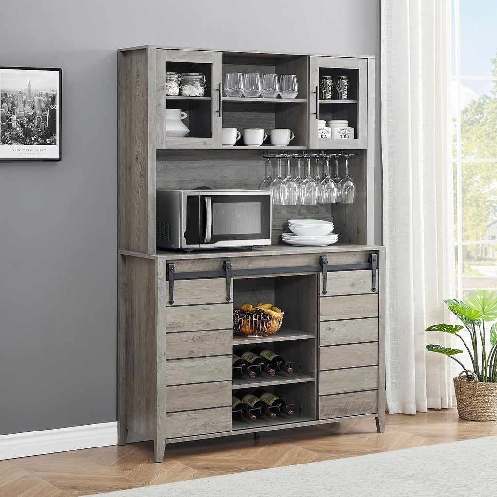 70 in Tall Farmhouse Coffee Bar Cabinet, Kitchen Hutch Storage with Sliding Barn Door, Kitchen Buffet with Wine Rack