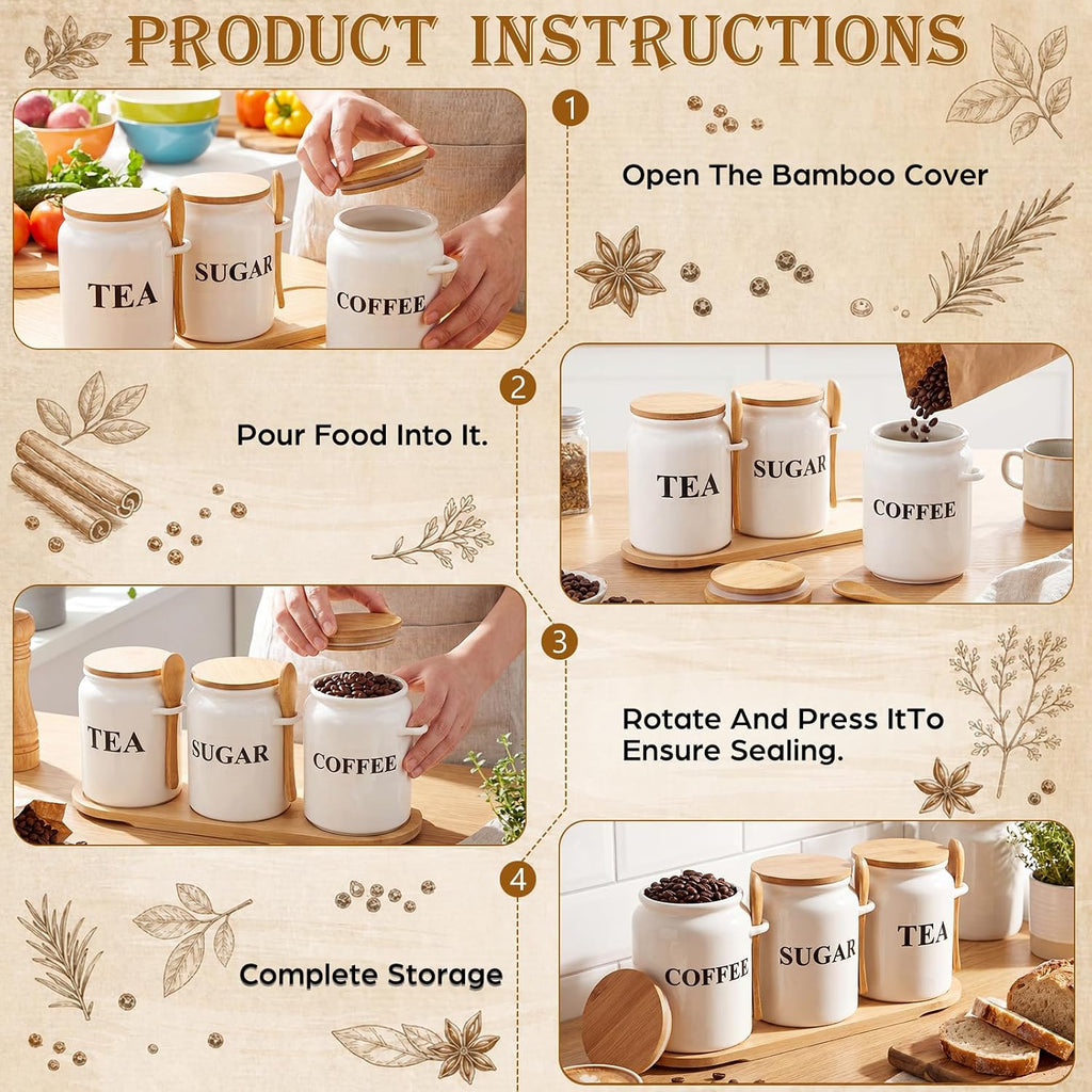 Coffee Sugar and Tea Canister Set with Tray and Spoon 27 oz Ceramic Farmhouse White Container Jar - Set of 3