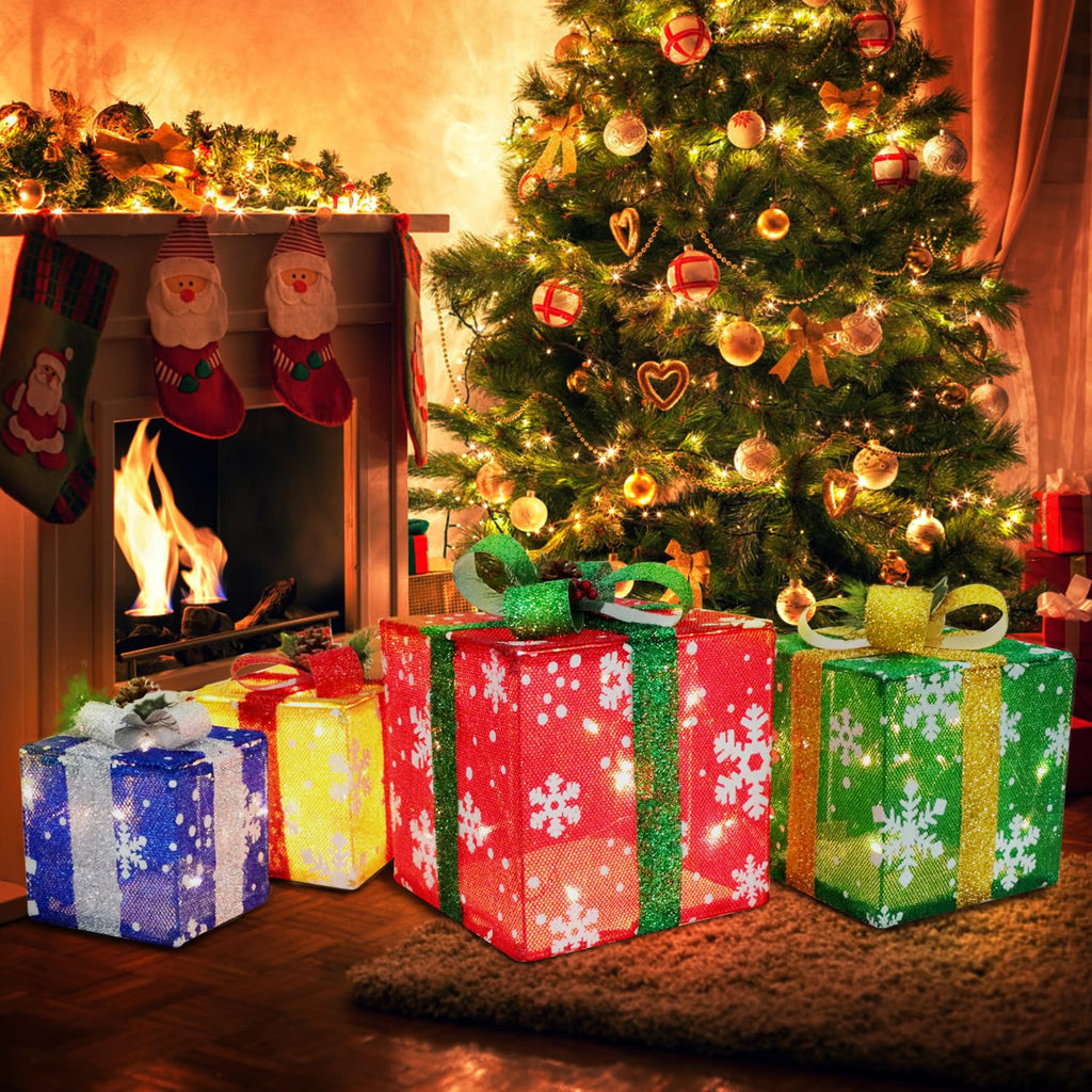 Set of 4 Christmas Lighted Gift Boxes, 70 Led Light Up Colorful Iron Frame Present Box with Pine Cones Bows for Xmas
