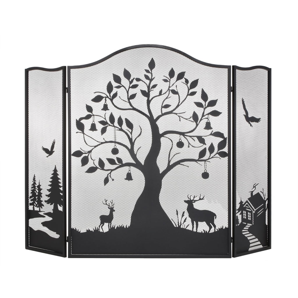 50" x 36" 3-Panel Fireplace Screen, Tree Pattern Fire Guard, Rustic