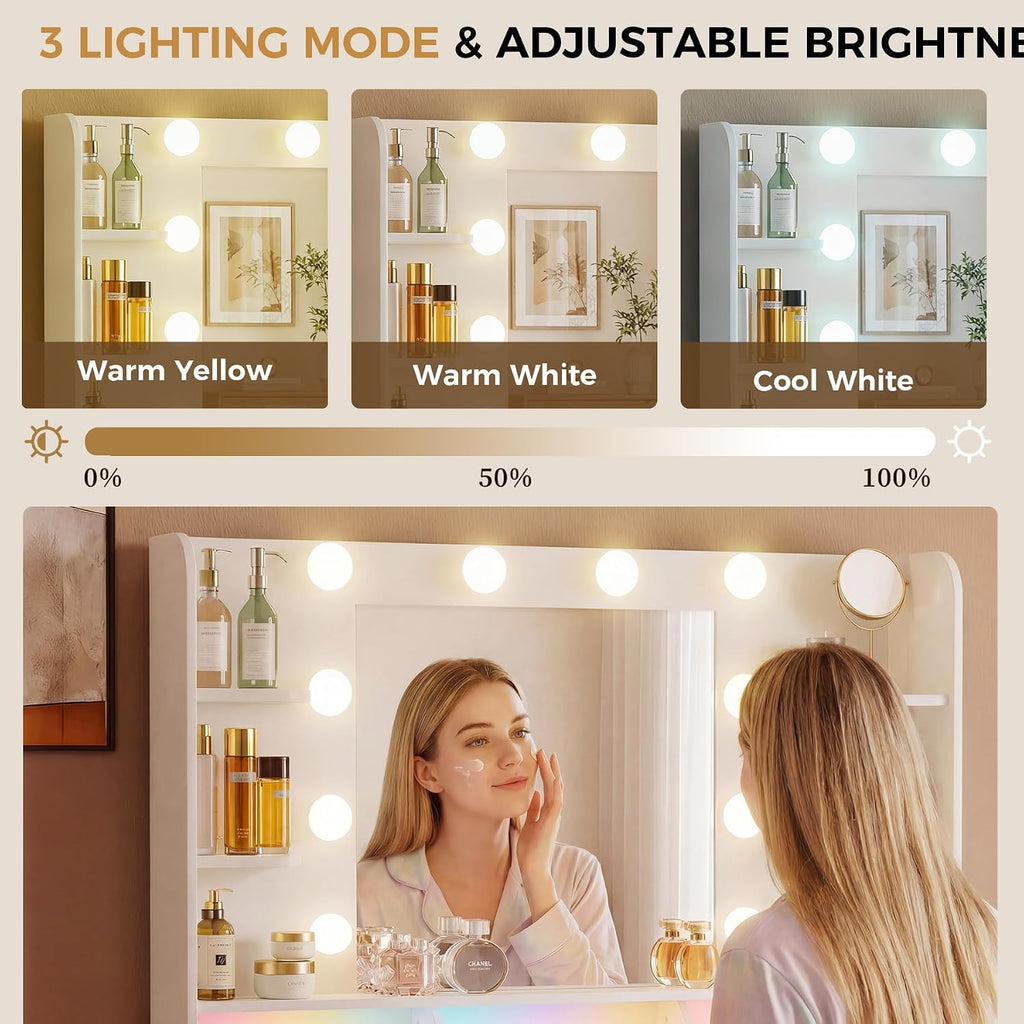 Vanity Desk with LED Lights Mirror & Charging Station, Makeup Vanity with Storage Drawers and Shelves, Modern