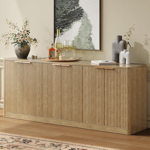 67" Fluted Oak Buffet Cabinet Sideboard with Storage, Large Credenza with 6 Doors