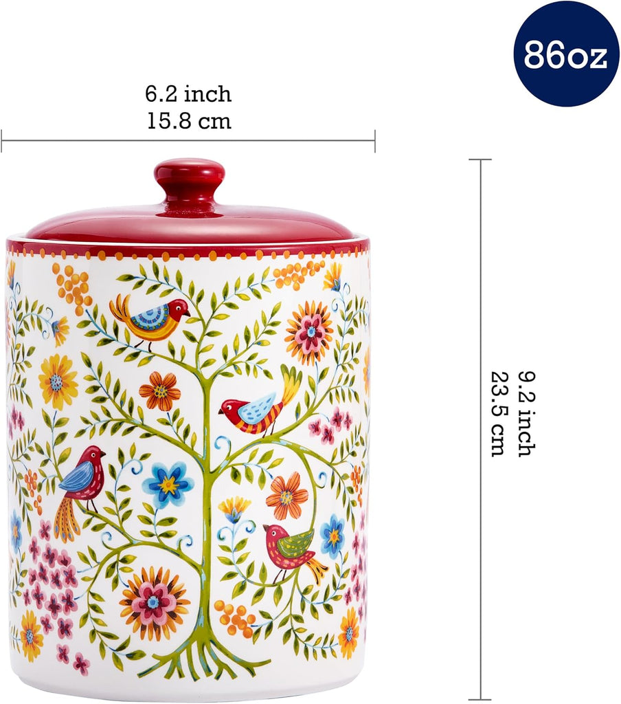 Red Spring Bird Ceramic Air Tight 9 inch Cookie jar, for holding coffee, powder, tea, spices, Microwave