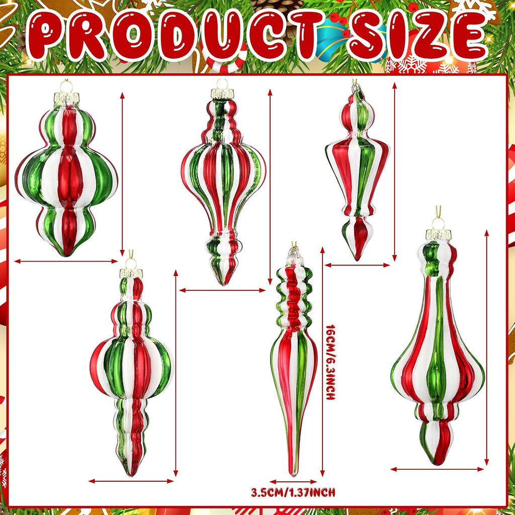 6.3 in Red and Green Mercury Glass Finial Christmas Ornaments - Set of 6