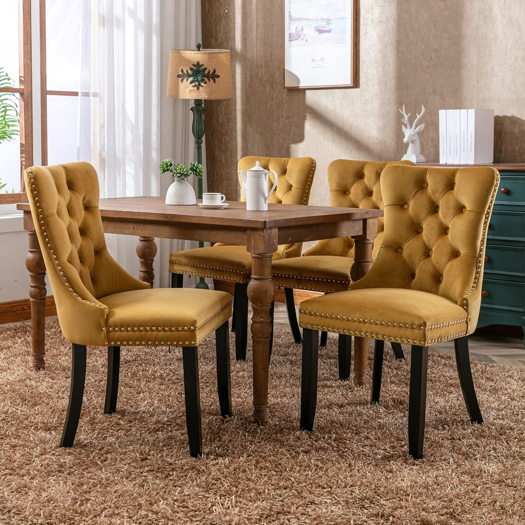 Modern Gold Velvet Upholstered Dining Chairs Set of 4 with Solid Wood Legs
