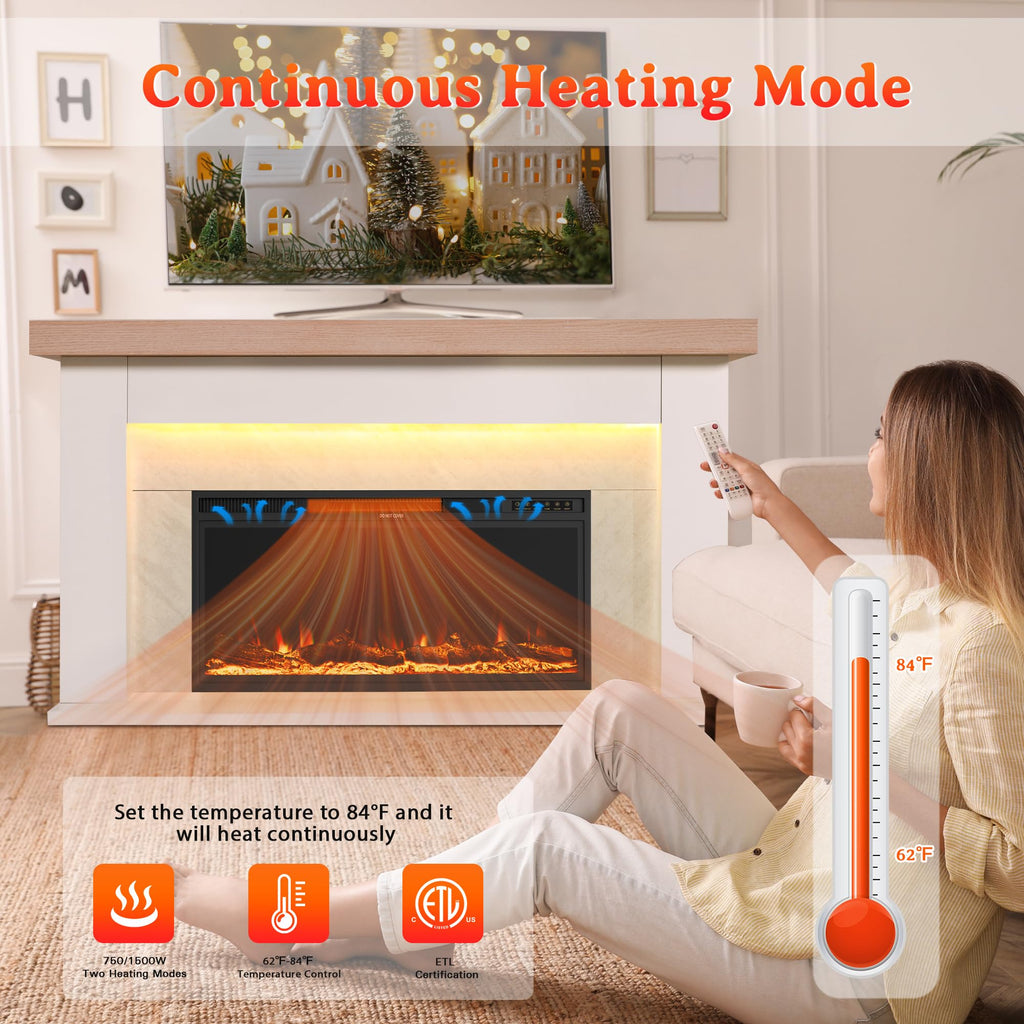 62" Freestanding Electric Fireplace Mantel, Remote & APP Dual Control, 36" Replaceable Heater Insert for Living Bedroom.