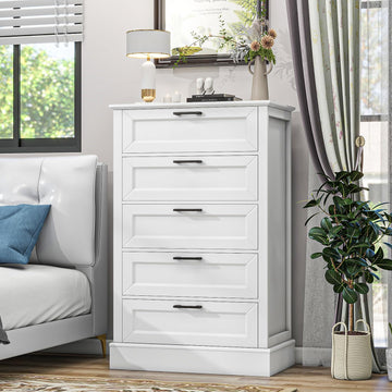 White Dresser, Wood Dresser with 5 Drawers, Chest of Drawer Living Room Entryway Hallway, Modern Farmhouse Style