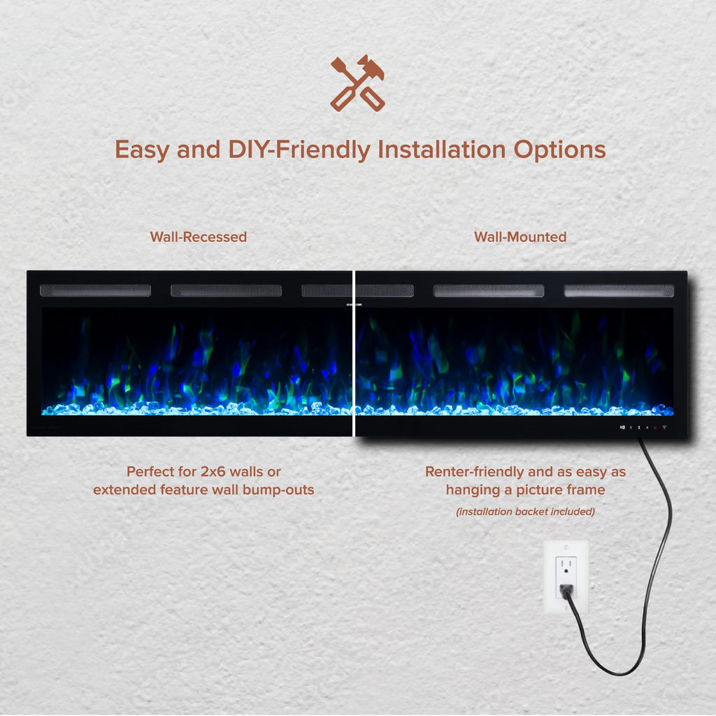 Vibrance 50 Inch Smart Linear Electric Fireplace Insert - Recessed or Wall-Mount, LED Multi-Flame Colors, Alexa/WiFi