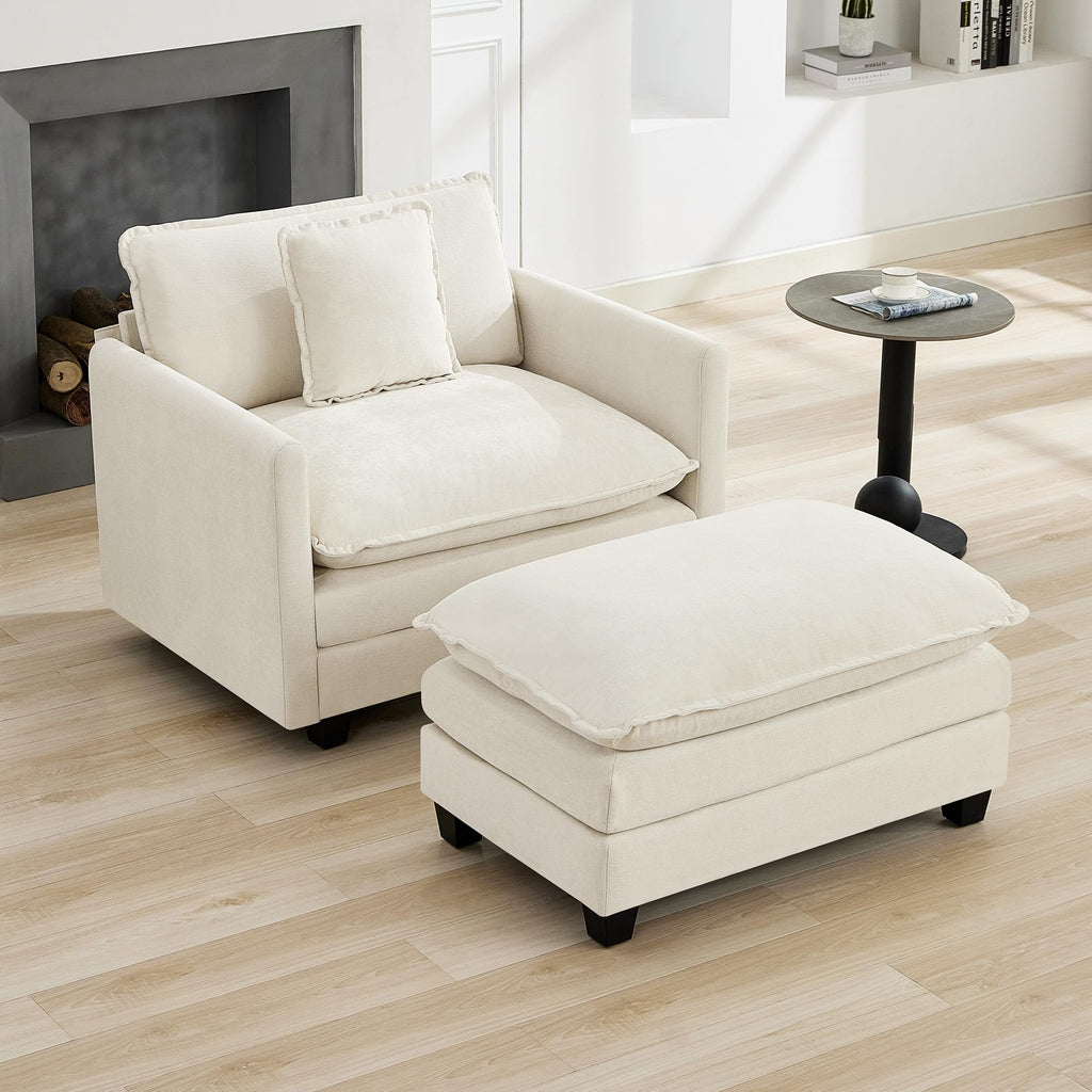 35'' Modern Chenille Cloud Sofa Ottoman, Rectangle Ottoman for Modular Sectional Sofa, Beige