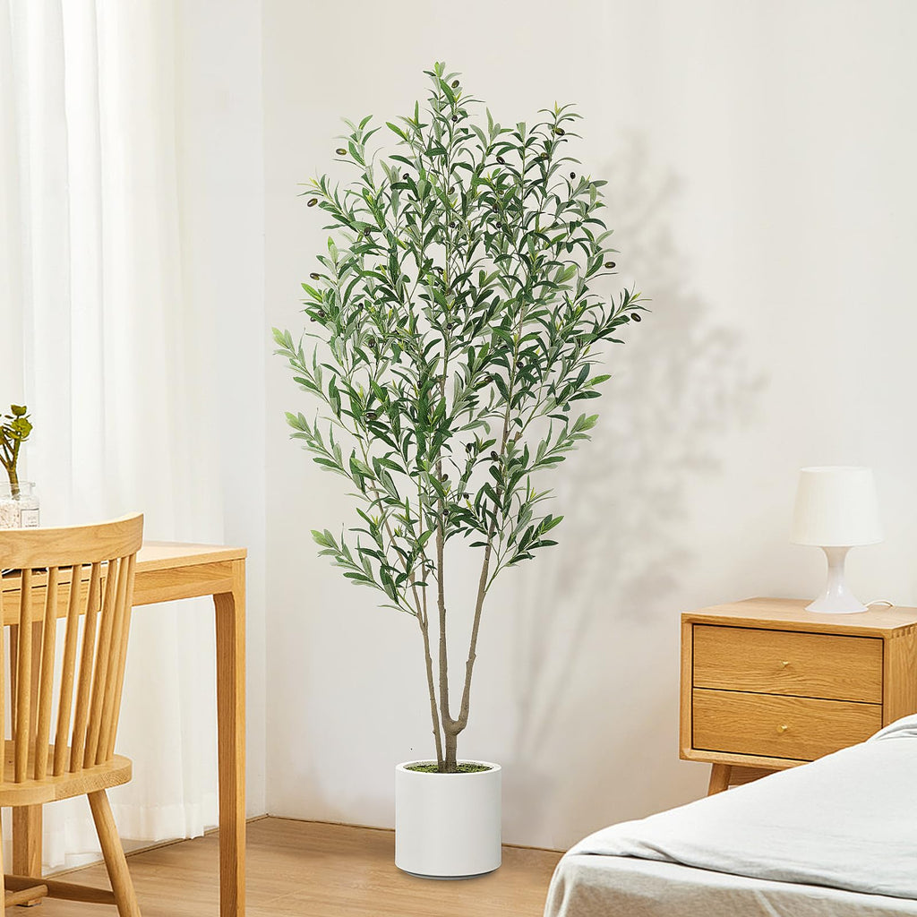 Olive Trees Artificial Indoor, 2 PCS 6FT Faux Olive Tree with Tall Pot, Natural Wood Trunk Treemote and Leaves, Fake