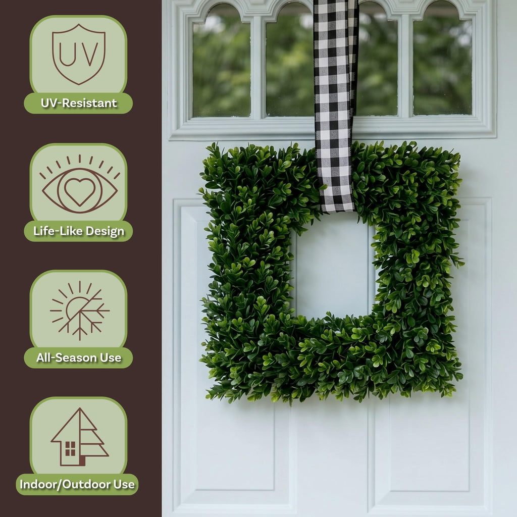 Square Boxwood Wreath for Front Door, Green, 16.5"