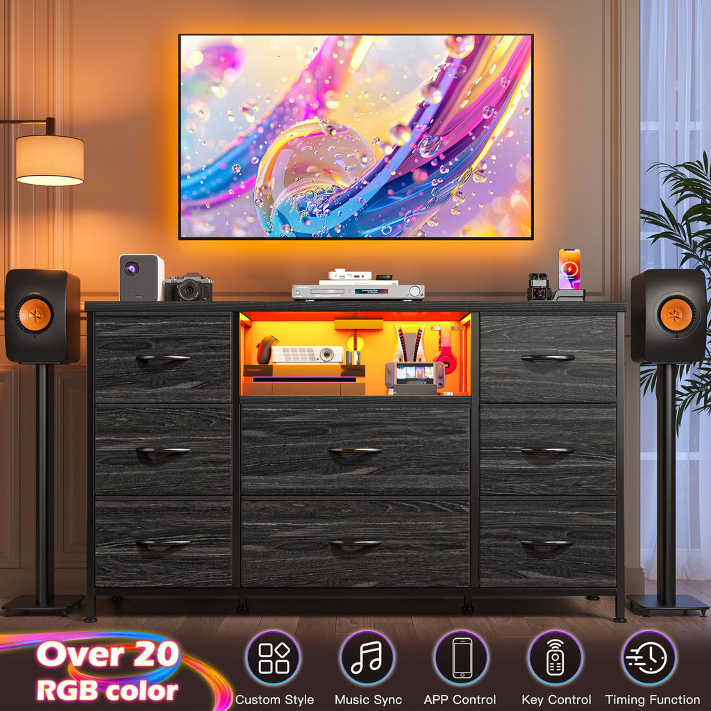 Dresser with LED & Charging Station, 8 Drawers Black
