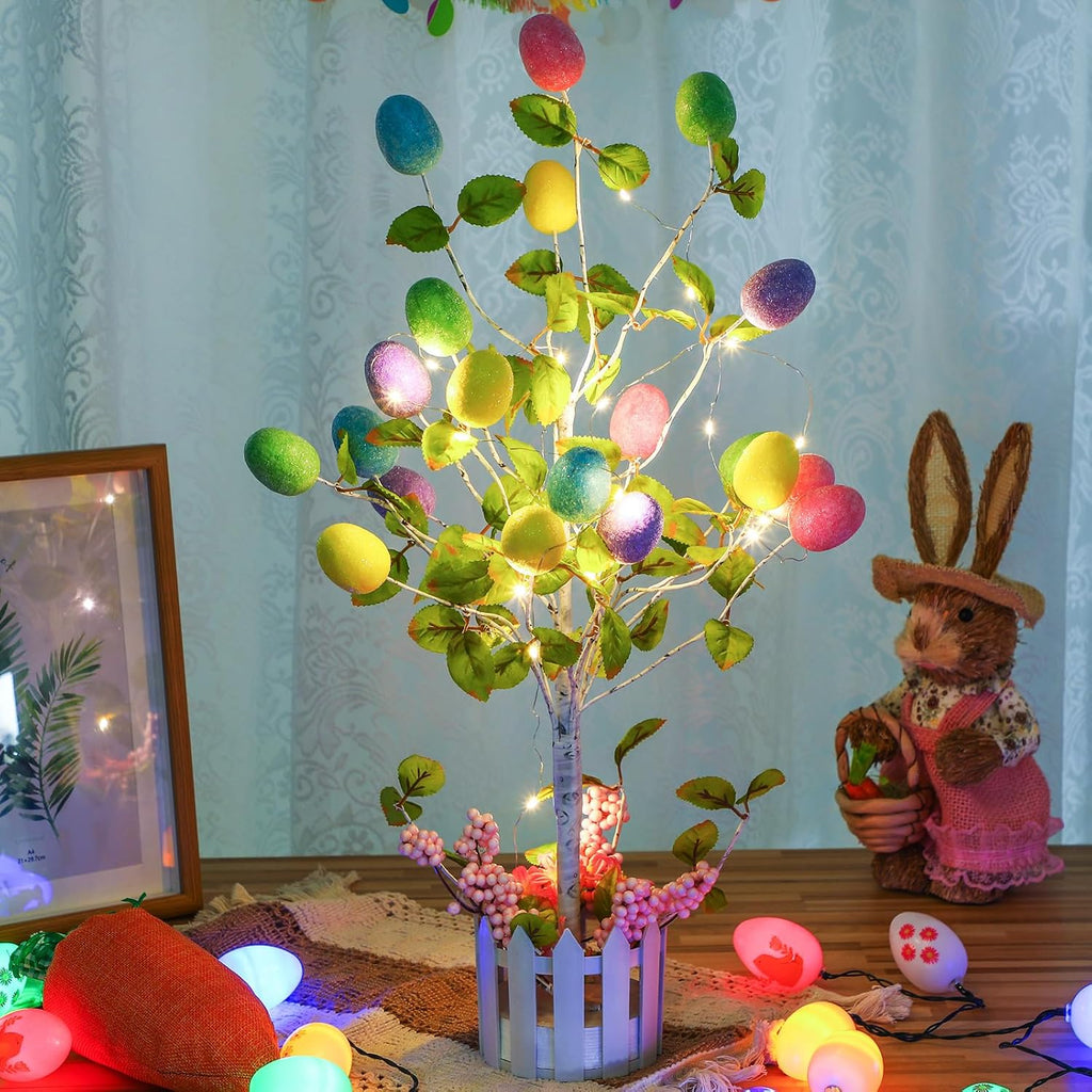 24 Inch Tall Lighted Easter Egg Tree Tabletop Decoration with LED Light Indoor Glow Easter Egg Tree Table Decor Party