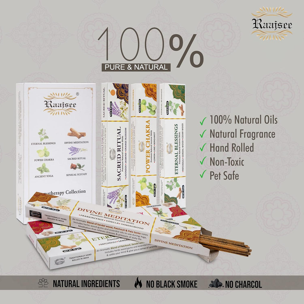 Natural Incense Sticks,6 Pack Mixed Scents Gift Pack 15 gm Each (90 gm Total), Insense Sticks Variety Pack, 100% - Set of 6