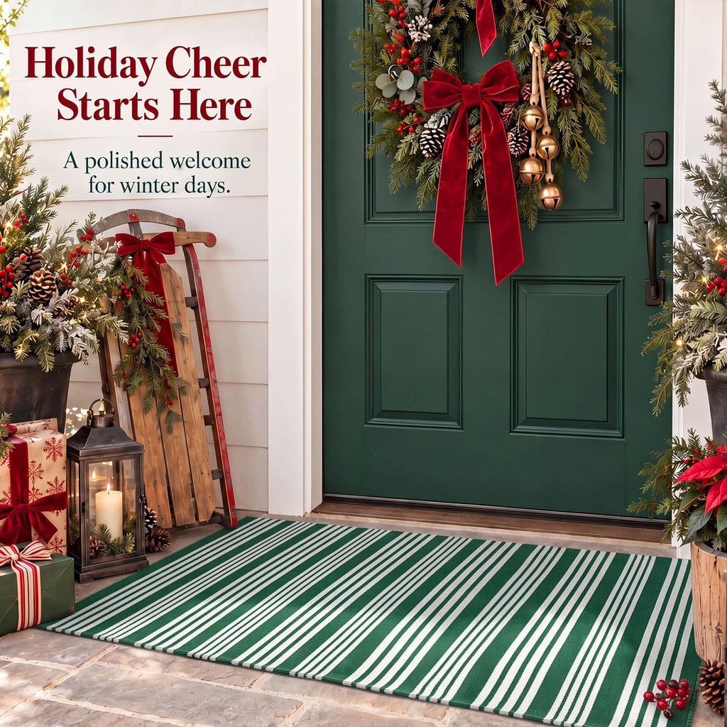 Green and White Striped Rug 2.3' x 3.6' Modern Farmhouse Area Rug Front Porch Door Mat Welcome Layered Doormat for