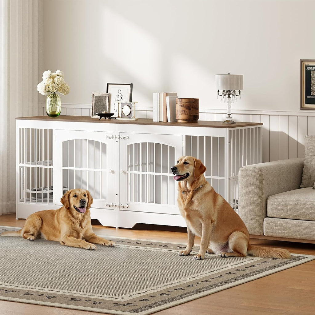 74.8" Dog Crate Furniture for 2 Dogs, Wooden Dog Kennel Indoor with Dog Bowls, Extra Large Double Doors Dog Crate TV
