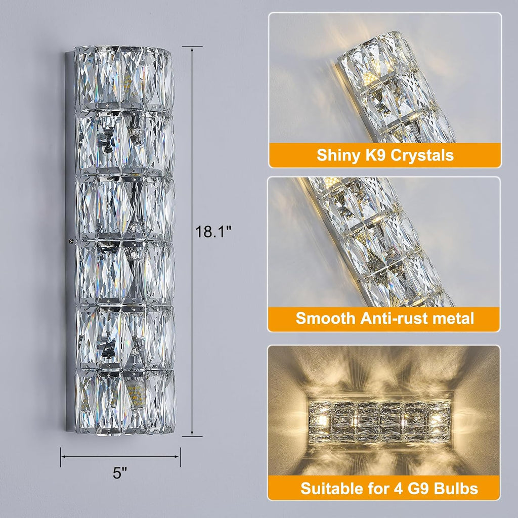 6 Layer Chrome Crystal Wall Sconce, Modern Wall Lamp Light Fixture for Bathroom Vanity, Stairway, Kitchen, Living