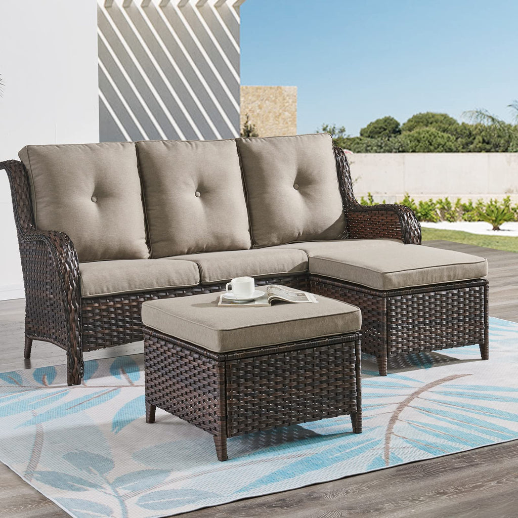 Outdoor Ottomans Set of 2 PE Wicker Steel Frame Outdoor Footstool, Backyard, Additional Seating, Side Tables with
