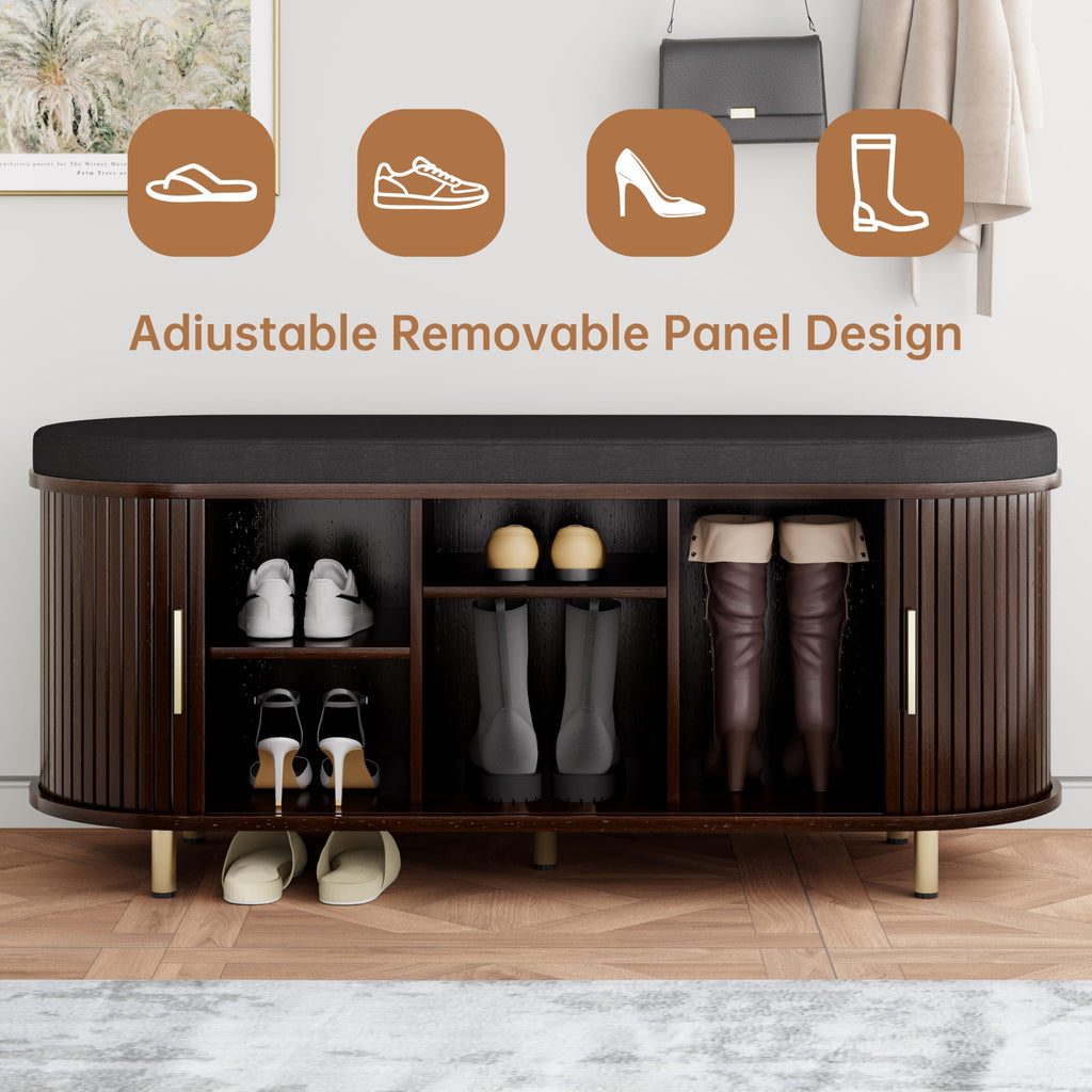 2-Tier Storage Bench, Wide Shoe Bench with Thickened Padded Seat Cushion, Mid Century Modern Fluted Sliding Door and