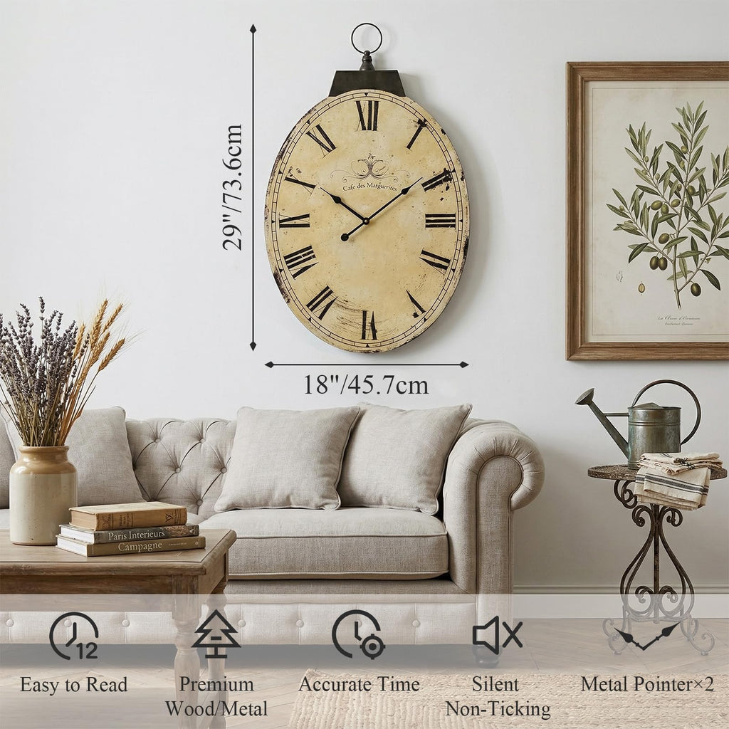 29 Inch Vintage Yellow Oval Wall Clock, Silent Non-Ticking Quartz Battery Operated Wall Clock, Large Roman Numerals