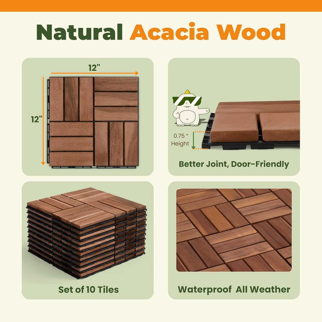 Premium Deck Tiles, 10 PCS 12x12 Outdoor Patio Floor Tiles, Waterproof Wood Flooring Tiles, Snap Tiles for Patio