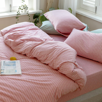 100% Cotton Jersey Knit Striped Duvet Cover, Pink and Off White