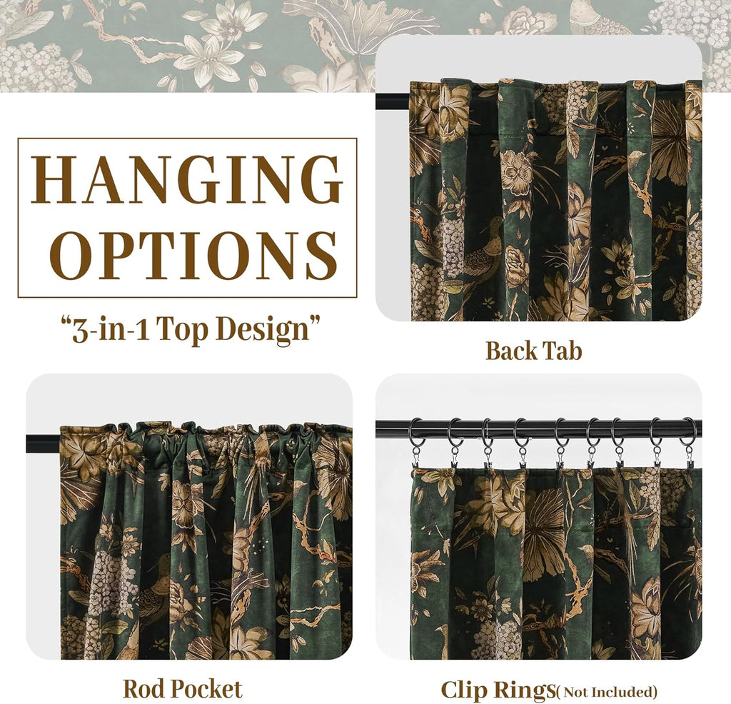Green Printed Velvet Curtains,Retro Luxury Floral Peacock Pattern Super Soft Durable Fabric Room Darkening Privacy