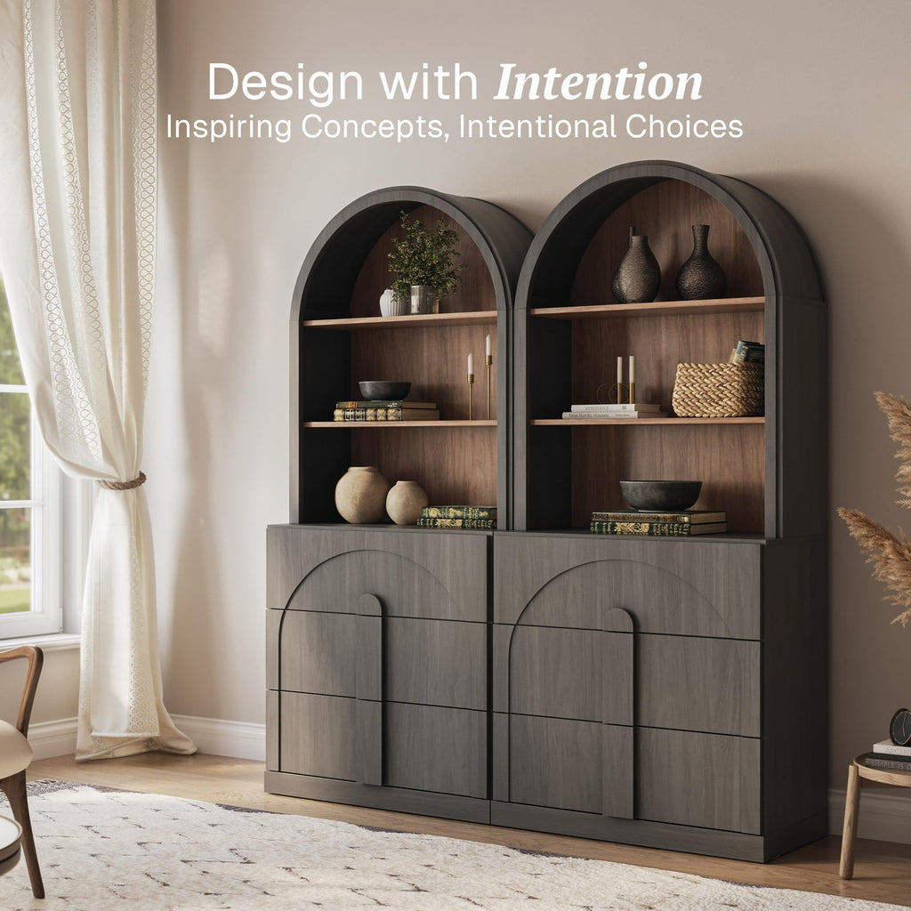 Arched Bookshelf with 3 Drawers Set of 2, 71" Tall Modern Wood Display Cabinet with Hutch, Modern Book Case Shelf
