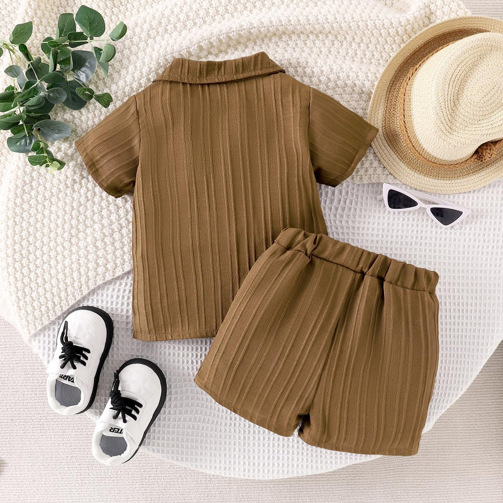 Toddler Boy Clothes Ribbed Button Shirt + Shorts 2pcs L-Brown