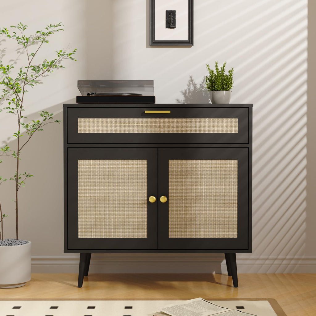 Rattan Sideboard Buffet, Boho Kitchen Cabinet with Drawer & 2 Doors, Modern Mid Century Accent Cabinet with