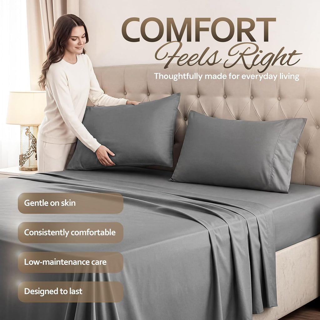 Queen 4 Piece Sheet Set, Extra Soft Cooling & Breathable Microfiber, Includes 1 Flat Sheet, 1 Fitted Sheet & 2