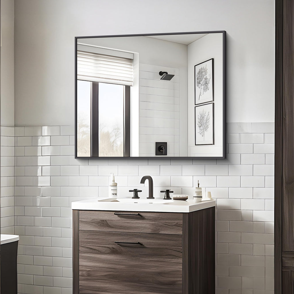 Bathroom Mirror,30x36 inch Wall Mirror Wall Mounted Black Rectangle Square Corner Mirrors, Black Bathroom Mirror