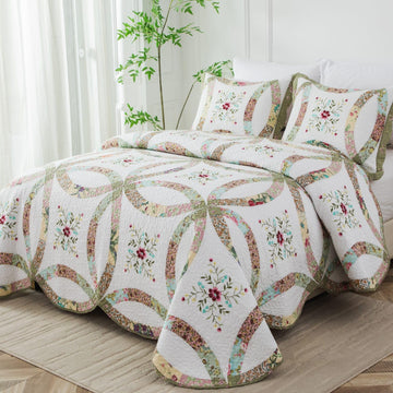 Cotton Real Patchwork Embroidery Quilt Set 3-Piece. 100% Washed Cotton. 376 Hand Cut Patches. Embroidery and Allover