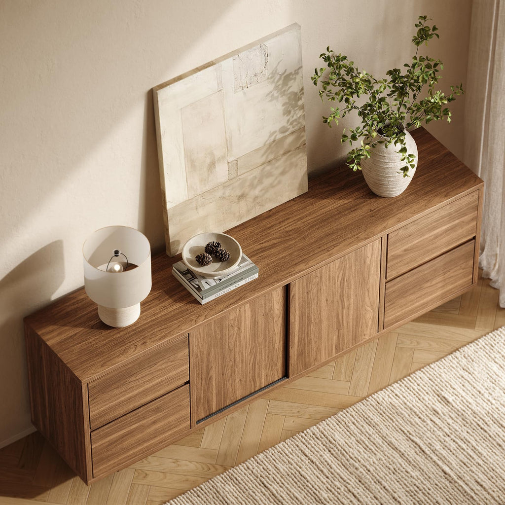 70'' TV Stand for TVs Up to 75'', Wood Entertainment Center with Sliding Doors and Drawers, Television Console