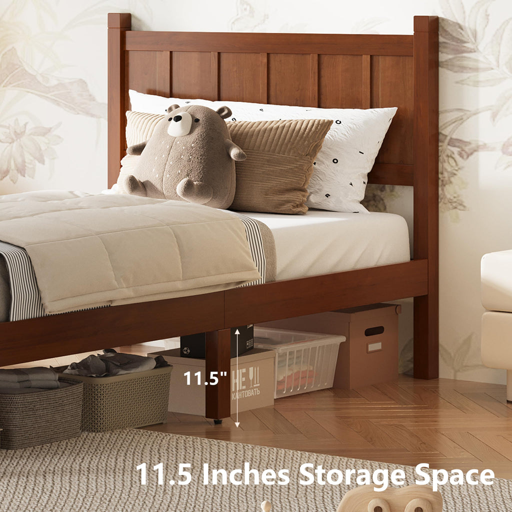 Wood Bed Frame with Headboard and Footboard, Shaker Farmhouse Platform Bed Frame with 11.5" Under-Bed Storage