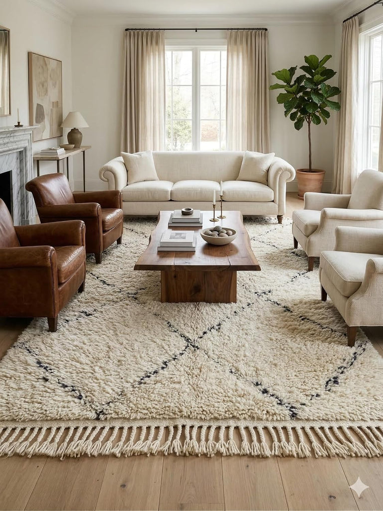Handmade Moroccan Berber Area Rug 6' x 9', 100% Wool High Pile Shag, Ivory/Cream with Charcoal Broken Diamond Pattern
