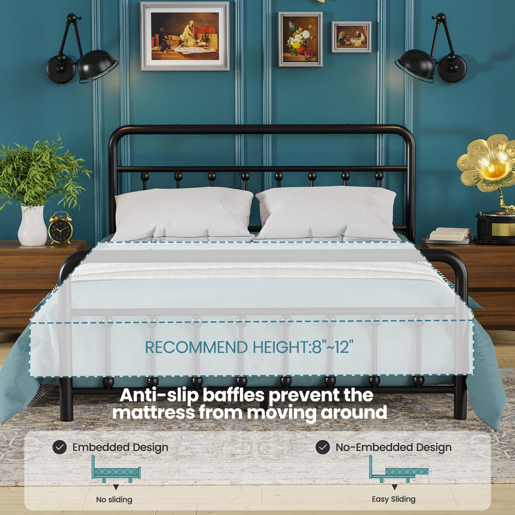 Classic Queen Size Metal Platform Bed Frame Mattress Foundation with Victorian Style, Heavy Duty Steel Slat Supported