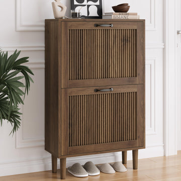 Walnut Shoe Cabinet with 2 Flip Drawers, 23.6" Hidden Shoe Storage Cabinet with Small Fluted Doors, Freestanding Shoe