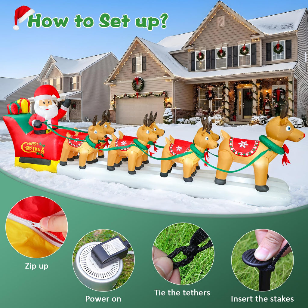 12.5 FT Long Christmas Inflatable Santa Claus on Sleigh with 7 Reindeers