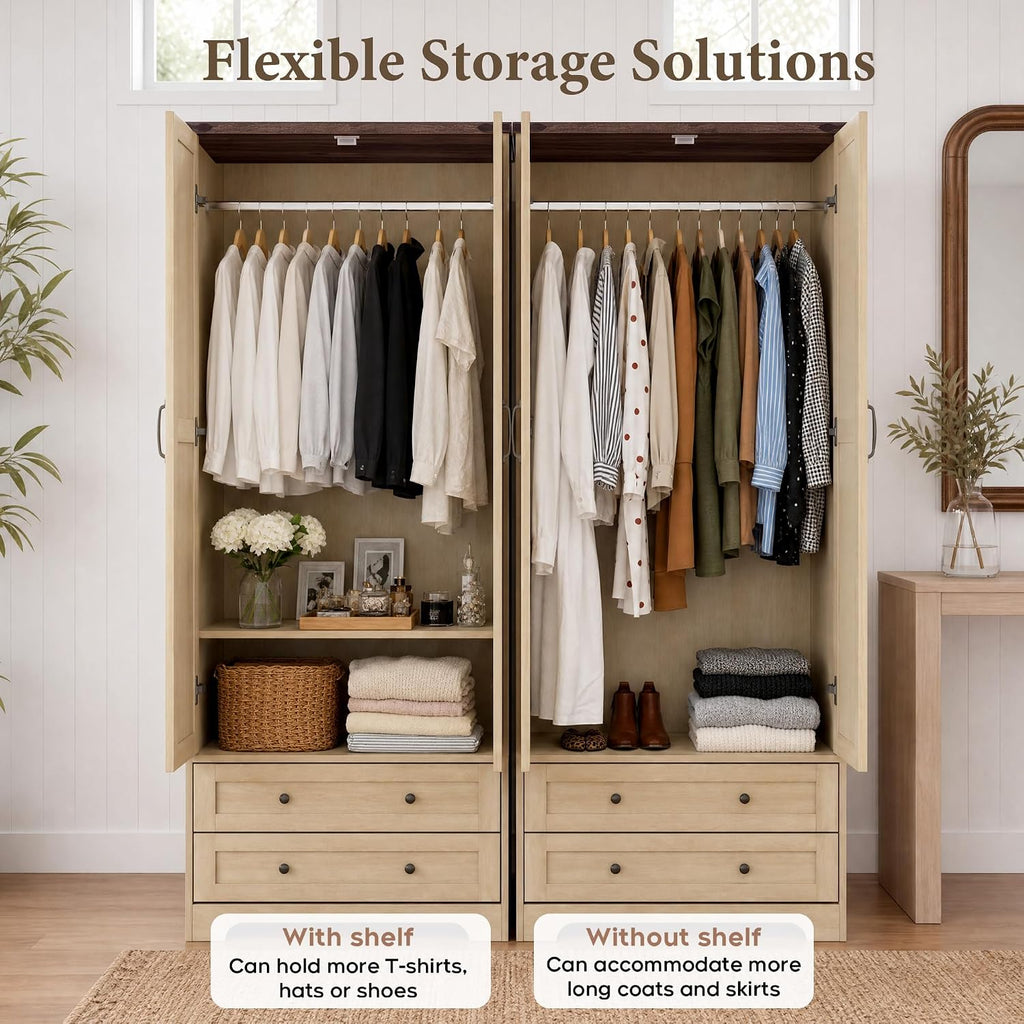 71" Wooden Armoire Wardrobe Closet with 2 Doors & 2 Drawers, Natural | Modern Tall Storage Cabinet with Adjustable