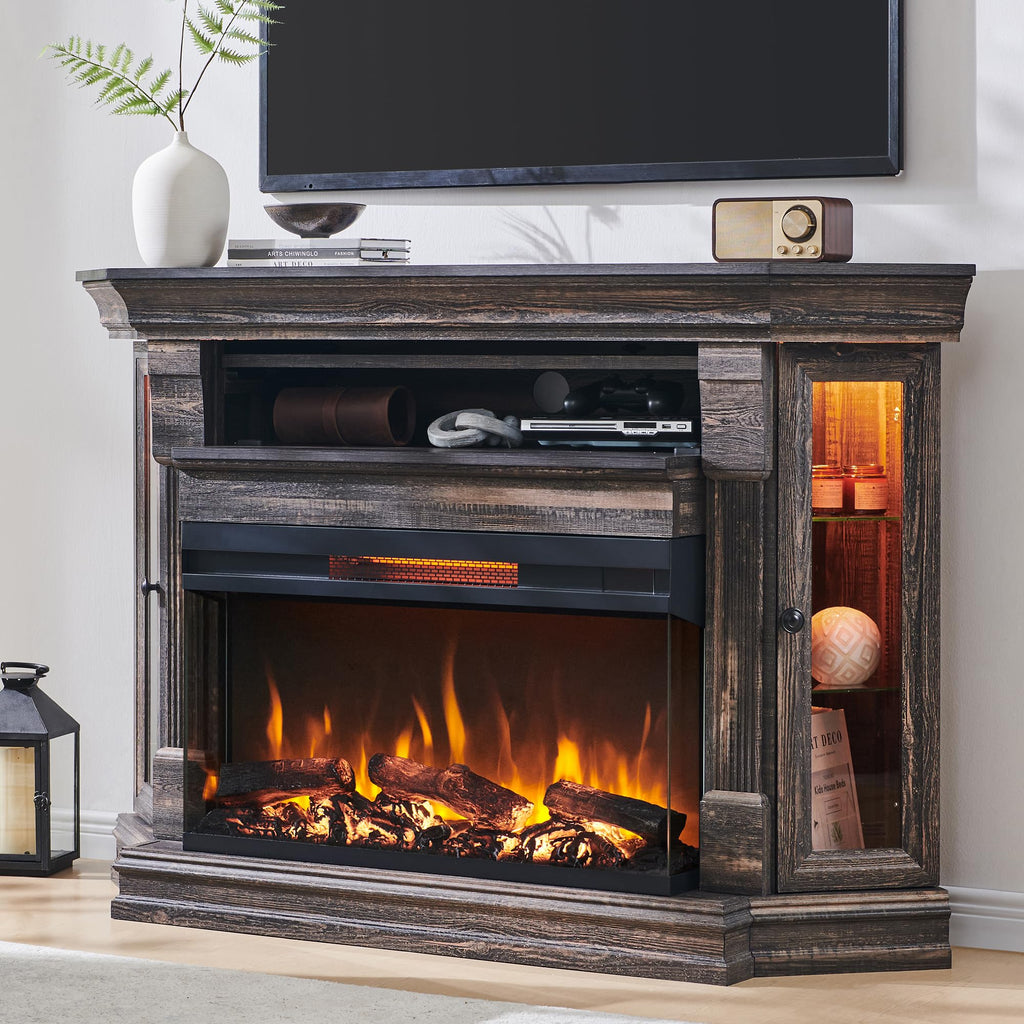 56" Farmhouse Corner TV Stand with 3-Sided Fireplace, Dark Rustic Oak