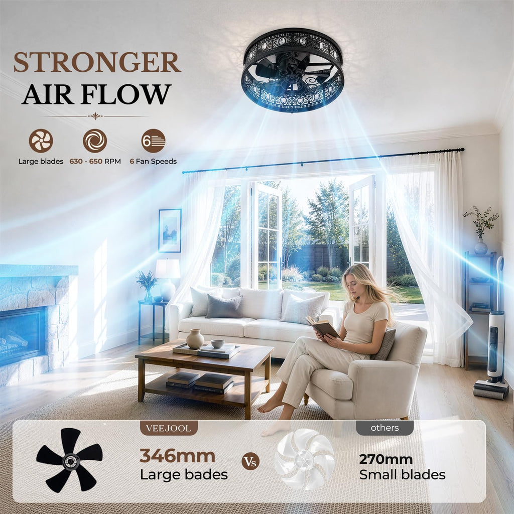 2026 Upgrade Caged Ceiling Fans with Lights, 18" Flush Mount Ceiling Fan with Remote, Low Profile Crystal Fandelier