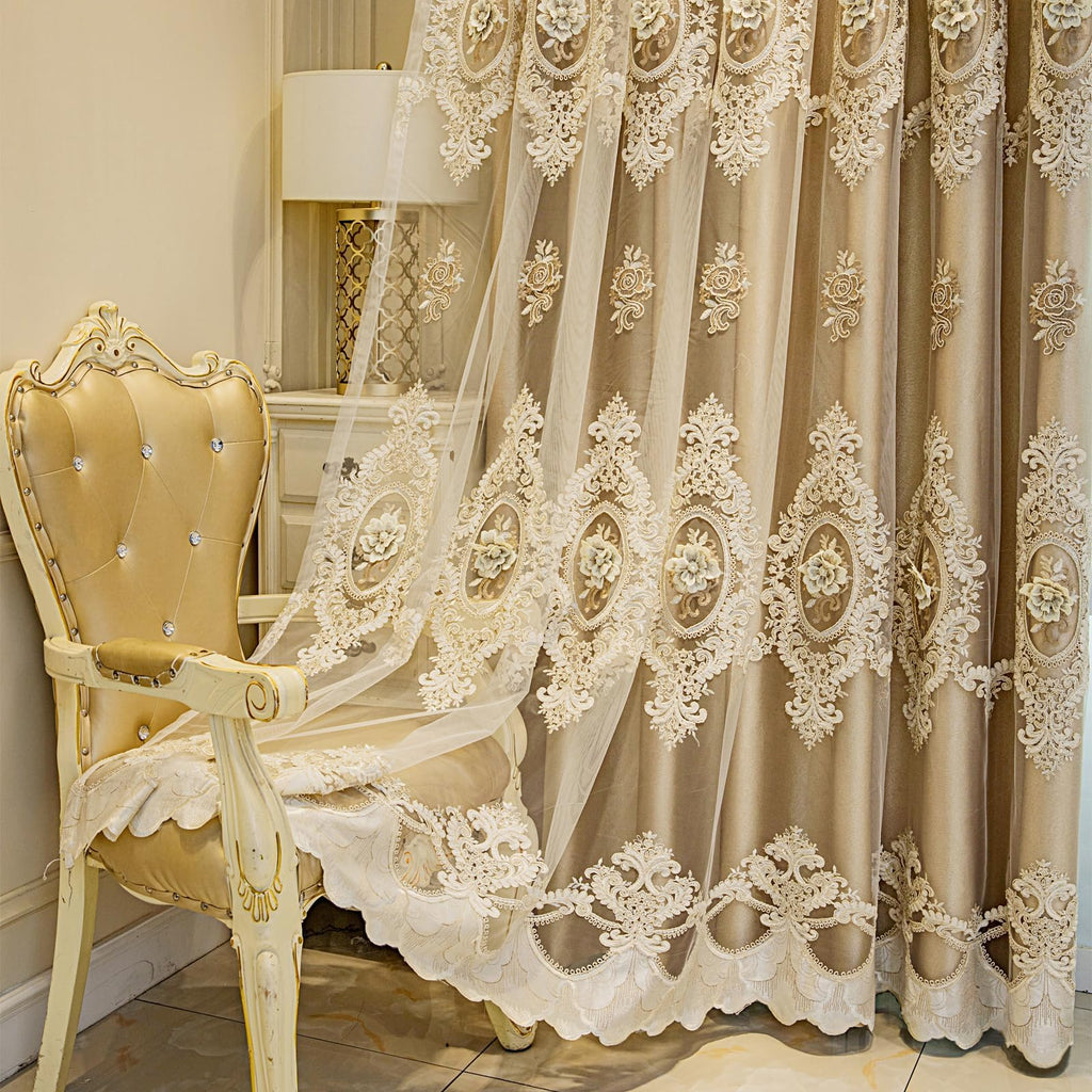 Grommet Top Blackout Curtains 2 Panels, Double Layer 3D Floral Embossed Relief Drapes, European Luxury Window Curtain