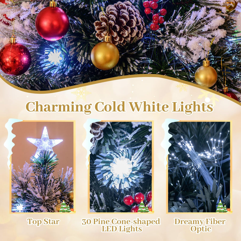 7 FT Pre-lit Fiber Optic Christmas Tree, Artificial Xmas Tree w/270 Snow-Flocked Branch Tips, 76 Cold White LED
