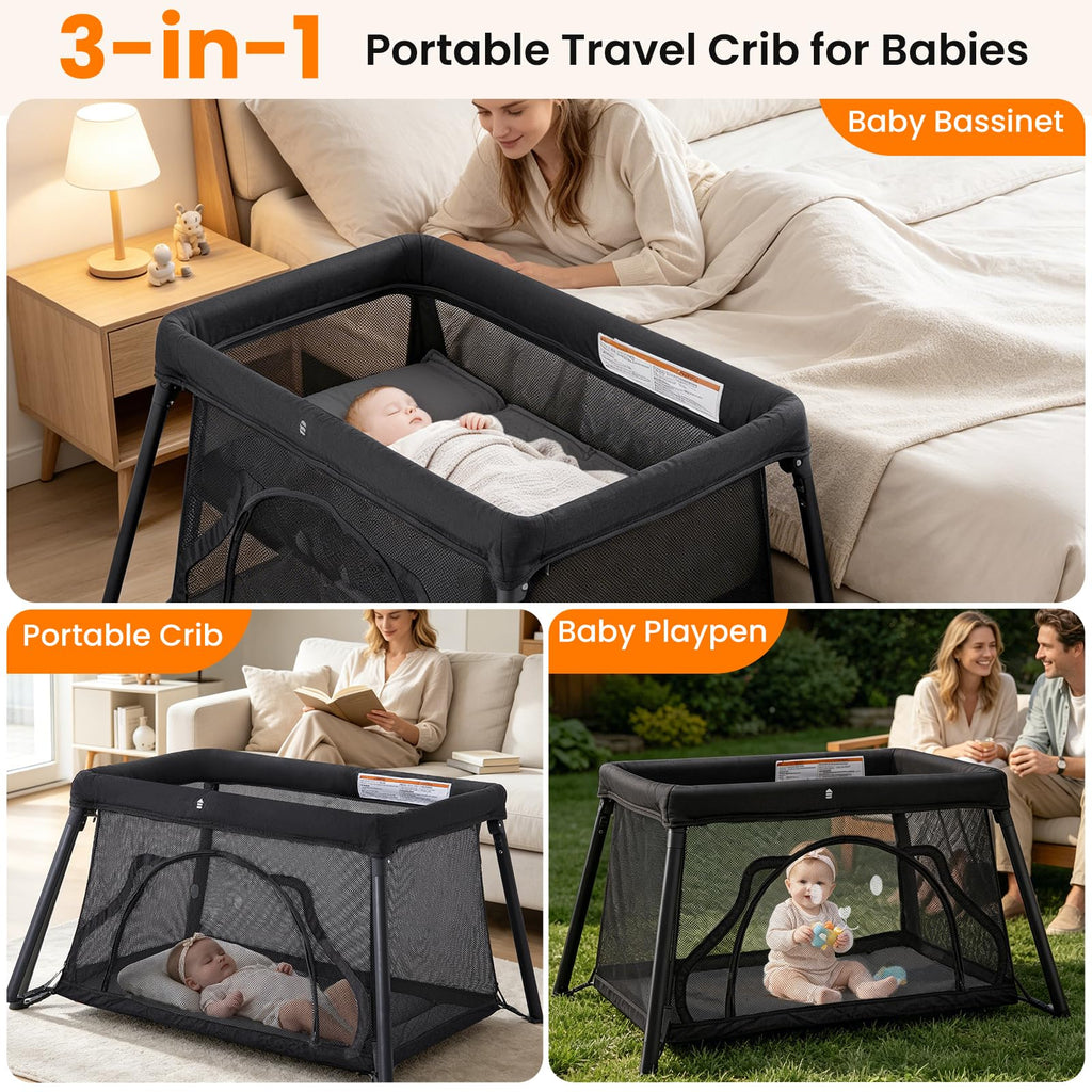 Travel Crib,Portable Baby Crib,Foldable Playpen,Play Yard (Black)